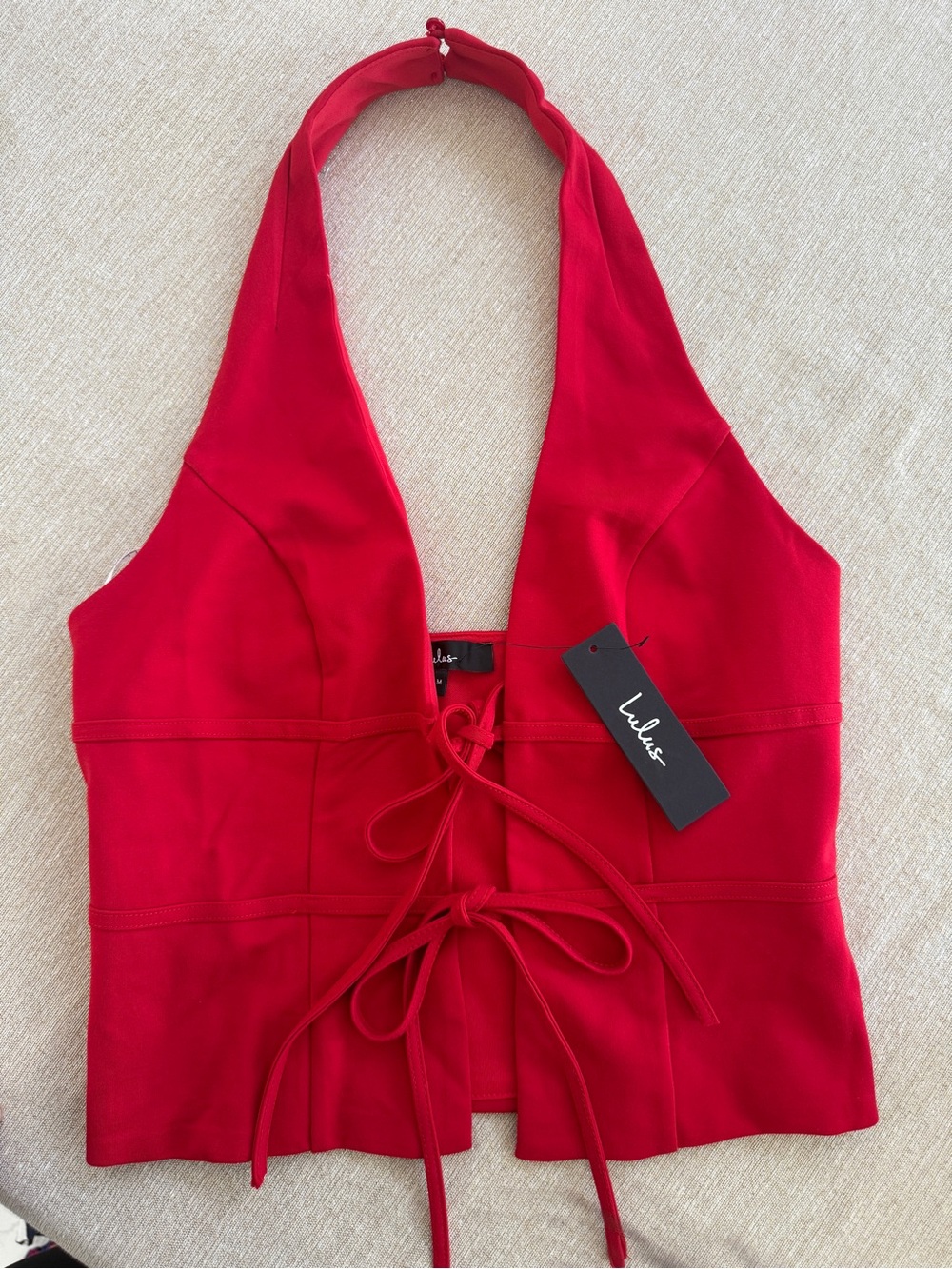 Lulu's Red Halter Lace-Up One Piece Swimsuit